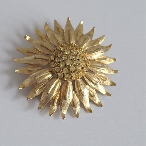 Vintage 50s Gold Tone Large Round Chunky Sun Flower Statement Brooch - Picture 7 of 10